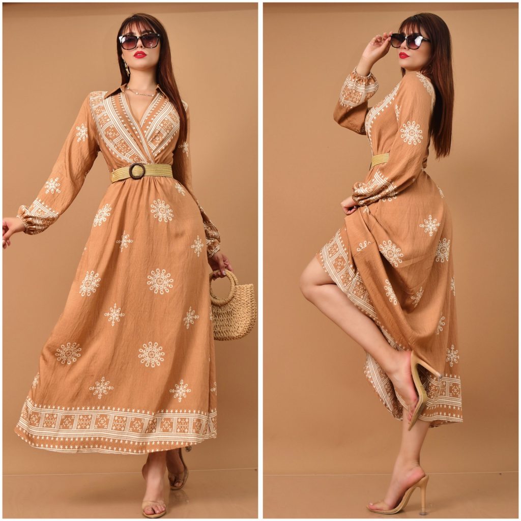 VESTIDO LARGO CON ESTAMPADO ARTESANAL Y CINTURÓN