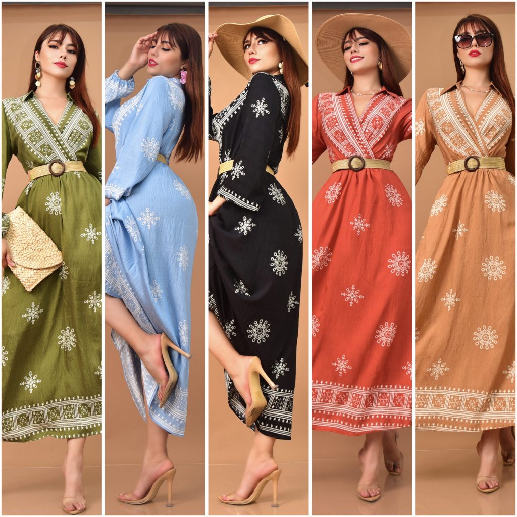 VESTIDO LARGO CON ESTAMPADO ARTESANAL Y CINTURÓN