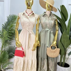 VESTIDO LARGO BORDADO CON CUELLO CAMISERO