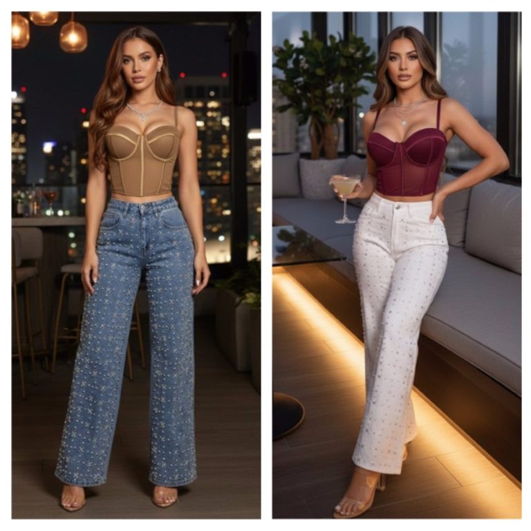 JEANS WIDE LEG DISEÑO GEOMETRICO CON PERLAS Y PEDRERÍA