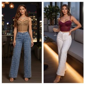 JEANS WIDE LEG DISEÑO GEOMETRICO CON PERLAS Y PEDRERÍA