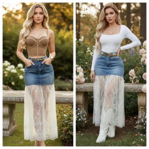 FALDA DENIM CON ENCAJE LARGO