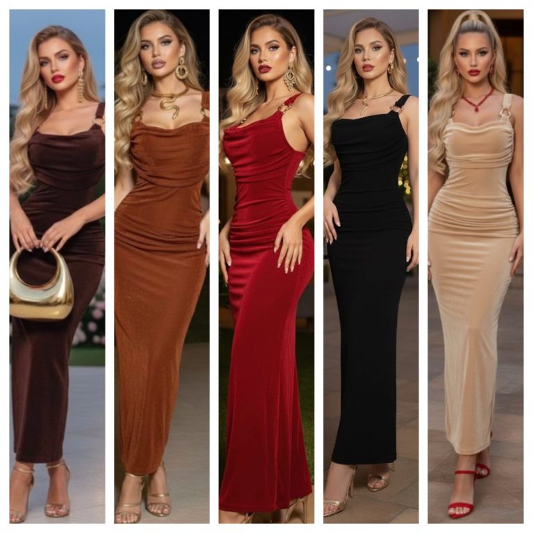 VESTIDO CON ESCOTE DRAPEADO Y DETALLES DORADOS