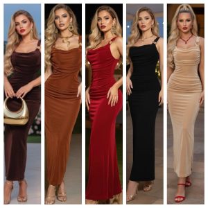 VESTIDO CON ESCOTE DRAPEADO Y DETALLES DORADOS