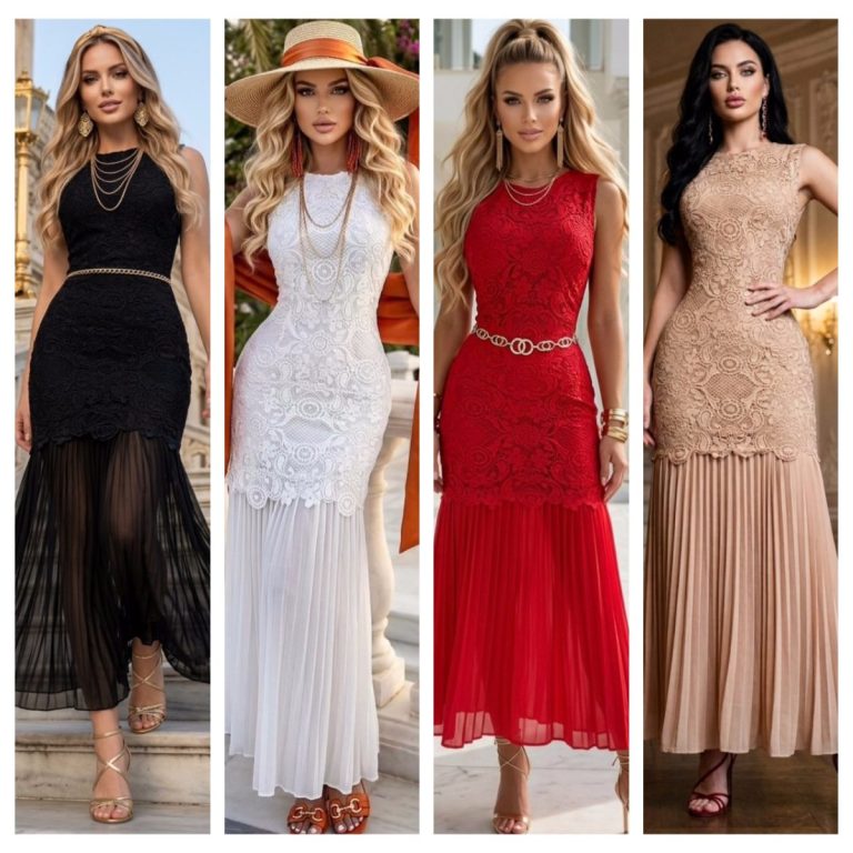 VESTIDO LARGO DE ENCAJE CON BAJO PLISADO