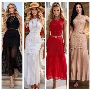 VESTIDO LARGO DE ENCAJE CON BAJO PLISADO