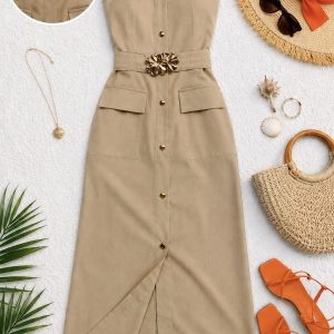 VESTIDO TIRANTES BROCHE FLORAL EN CINTURA