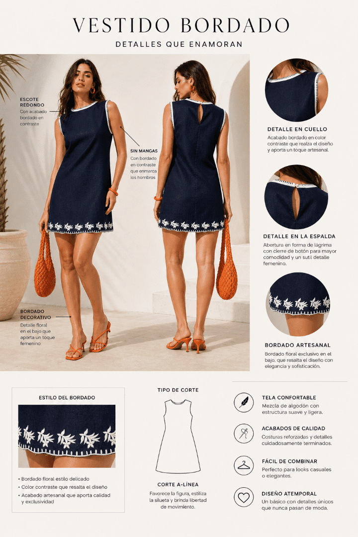 VESTIDO CORTO TIPO DENIM BORDADOS