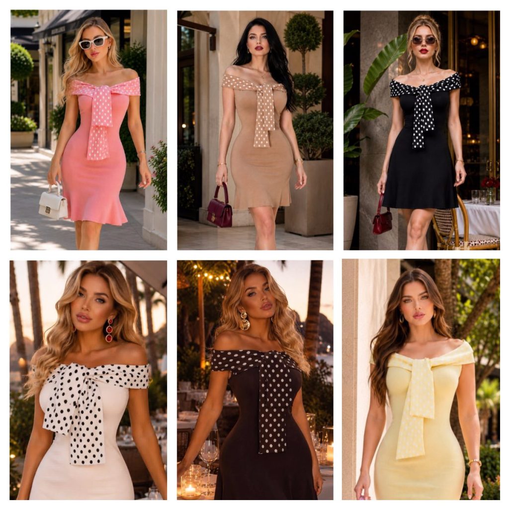 VESTIDO OFF SHOULDER CON LAZO DE LUNARES