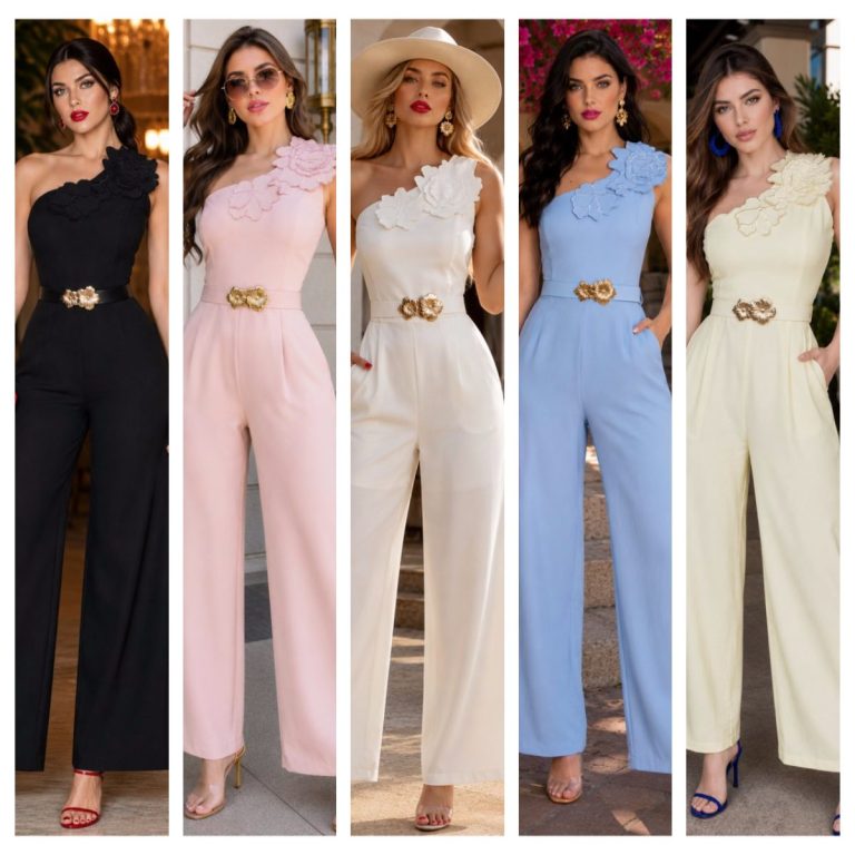 PALAZZO ONE SHOULDER FLORES Y CINTURON