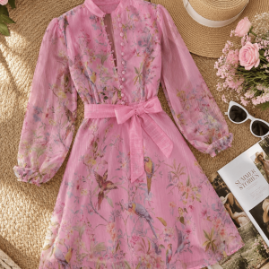 VESTIDO CON CINTA Y BOTONES FORRADOS
