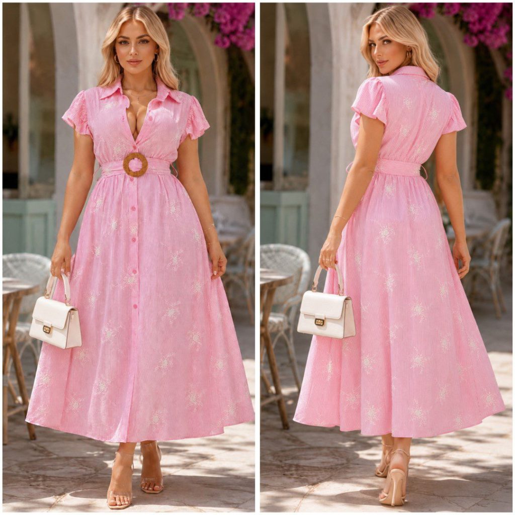 VESTIDO LARGO BORDADO CON CINTURON