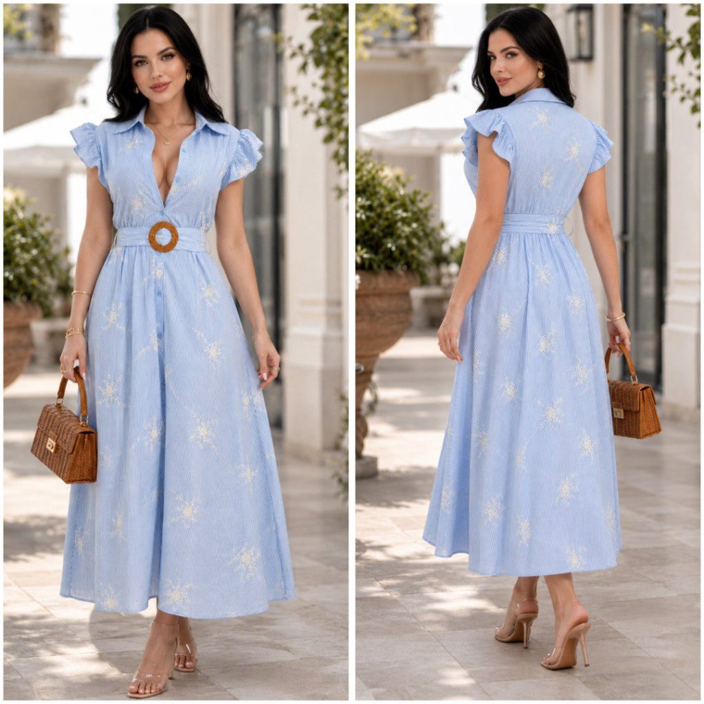 VESTIDO LARGO BORDADO CON CINTURON