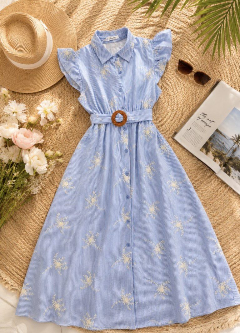 VESTIDO LARGO BORDADO CON CINTURON