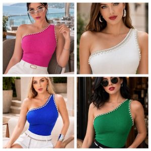PANTIBLUSA ONE SHOULDER CON PERLAS