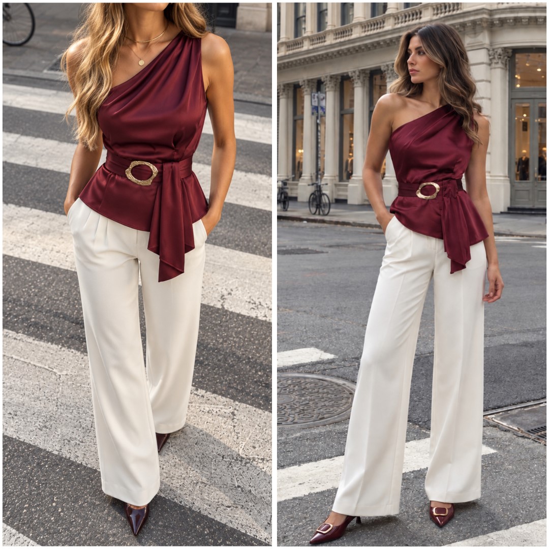 BLUSA ONE SHOULDER CON DETALLE DORADO