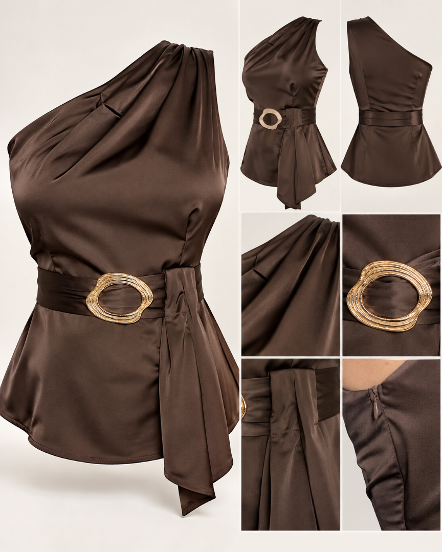 BLUSA ONE SHOULDER CON DETALLE DORADO